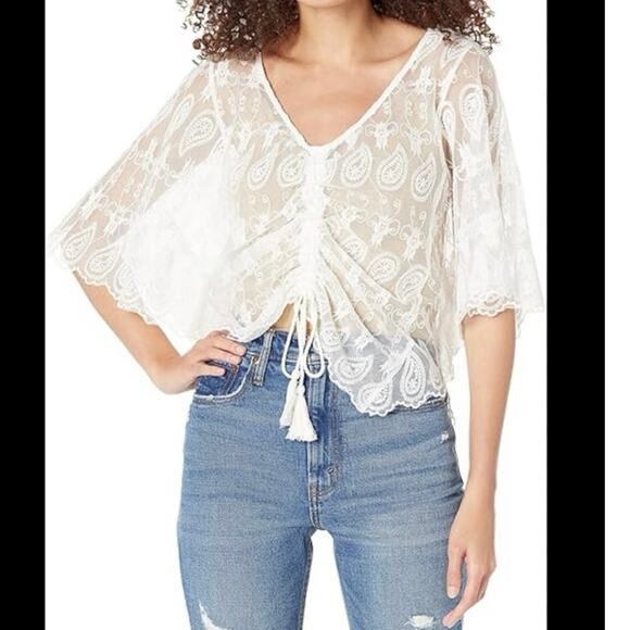 Miss Me Ladies Off White Sheer Embroidered blouse Sz l - Picture 1 of 5
